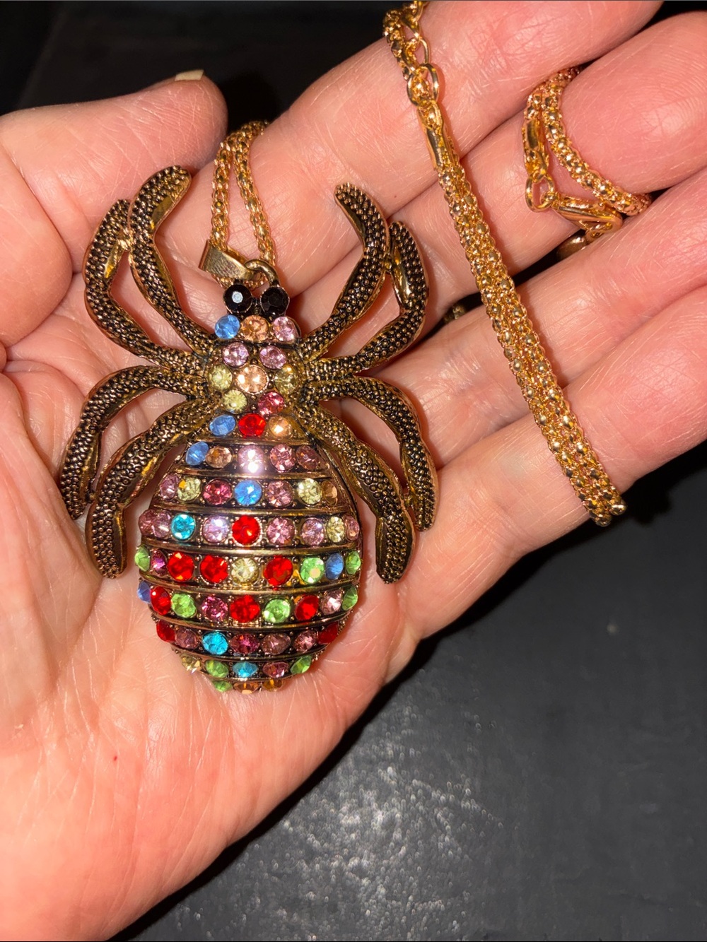 Multicolor Crystal Tarantula Pendant Necklace - Gold Tone